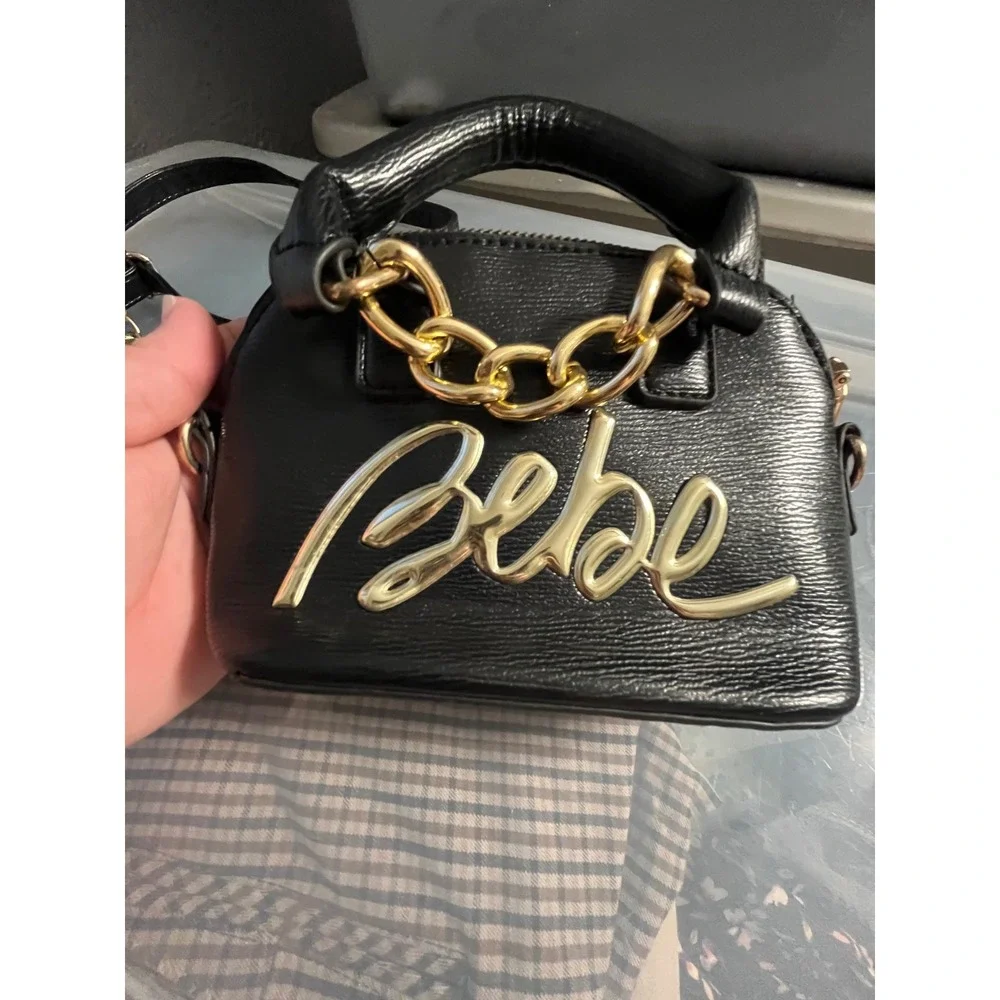 Bebe Black Mini Dome‎ Satchel Crossbody Bag Gold Logo Chain Textured Handbag